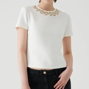 NEW Exquise Embroidered Crewneck Pearl Stone Details Cream White Ecru T-Shirt